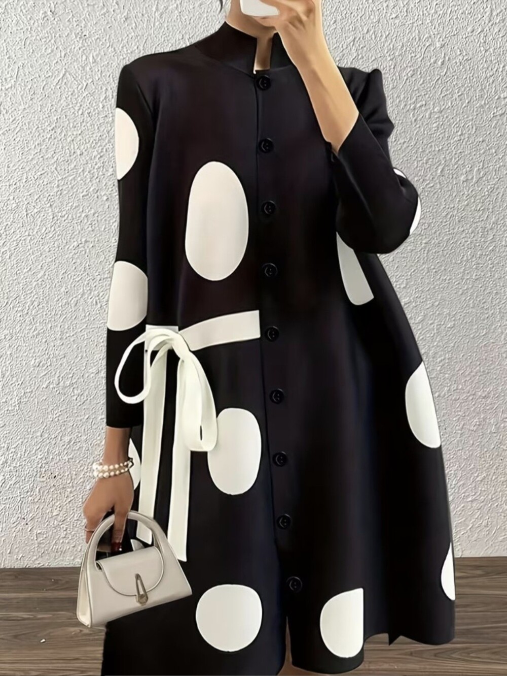 Women' Elegant Polka Dot Dress with Stand Collar & Tie - Loose Fit -Line Dress